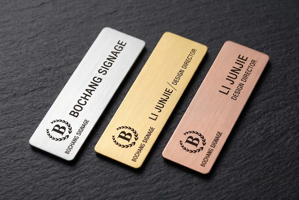High-quality custom stainless steel name badges with magnetic backing and UV logo printing, 4-day fast delivery