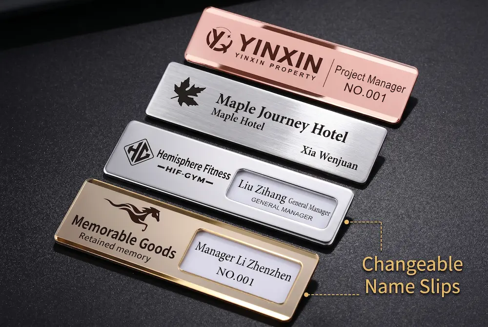 High-quality reusable metal window name badges with magnetic backing for hotels and retail teams