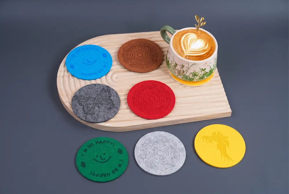 Custom Felt Coasters with personalized logo printing, low MOQ for corporate gifts.