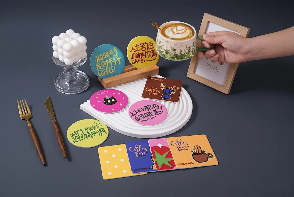 Bulk custom printed paper coasters in round and square shapes for restaurants and bars.